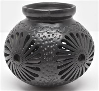 Mexican Black Clay Openwork Vase Dona Rosa