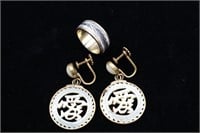 Vitg. Mother of Pearl Asian Earrings & Etched Ring