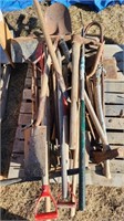 Bundle with assortment yard tools. shovels, rakes