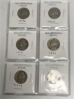 Six Old Jefferson Nickels