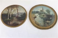 Pair 1891 Signed Hand-Painted Landscapes On Wood