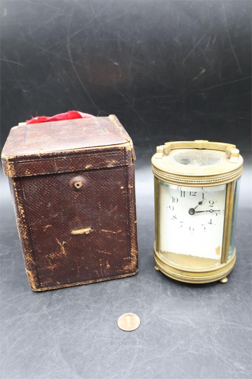 Antique French Brass Carriage Clock W/Leather Case