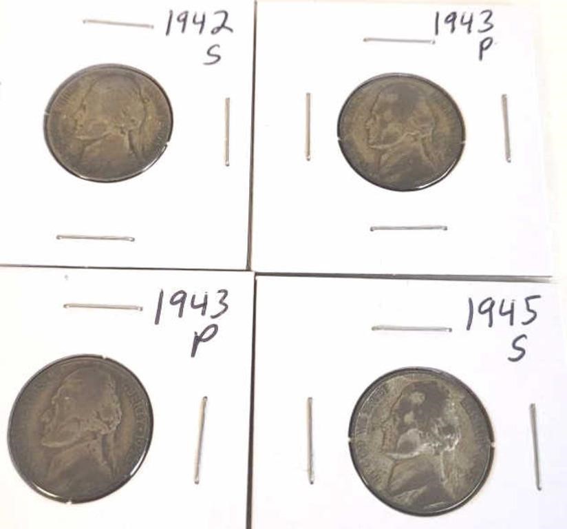 Four Jefferson Silver War Nickels
