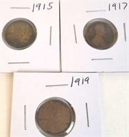 1915, 1917 & 1919 Lincoln Wheat Pennies