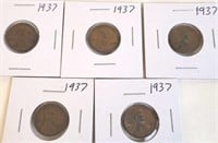5 - 1937 Lincoln Wheat Pennies