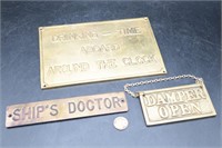 3 Vtg. Brass Plates: Drinking-TIme, Ship's Doctor+