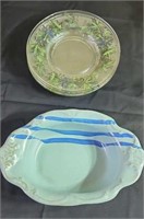 Blue stoneware bowl and 6 saucers