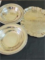 Silver colored tray & 2 Silver-plated bowls