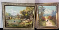 2pc Paintings: Woman Leaving Town, Man on Path