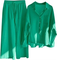 Sz L Women's Cotton Linen 2Pc Outfit  Long Sleeve
