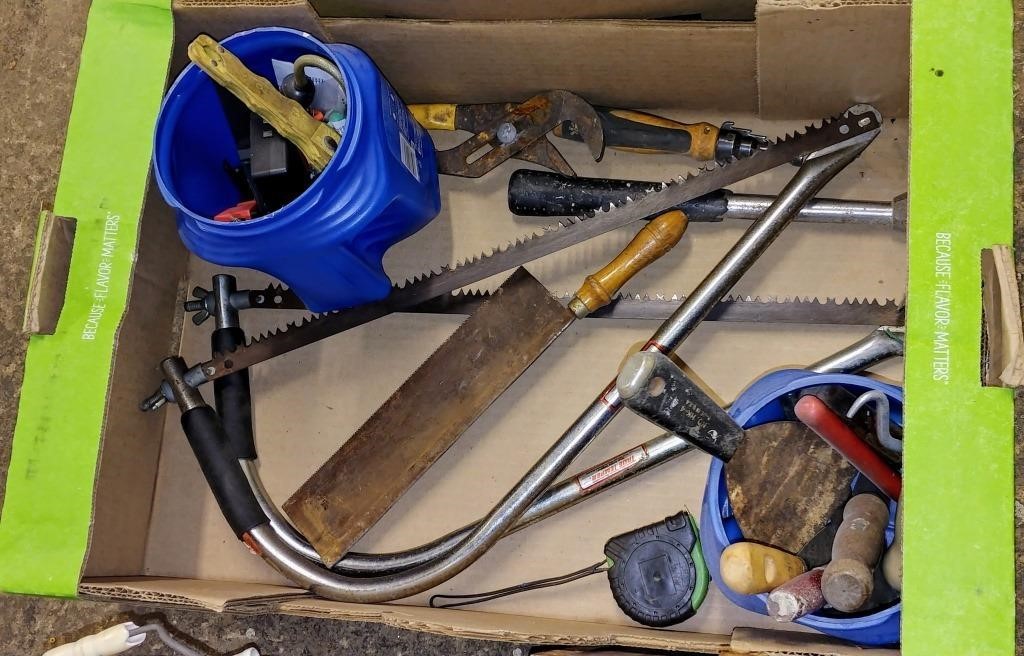 BOX LOT OF BOW SAWS & ASST TOOLS