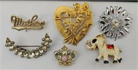 6 COSTUME JEWELRY PINS / BROOCHES