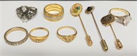 LOT OF COSTUME JEWELRY RINGS & STICK PINS
