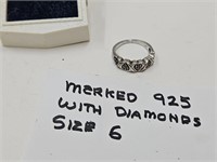 925 Silver Ring with Diamonds Size 6