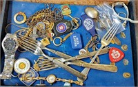 LOT OF ASST JEWELRY, PINS, FORKS & MORE