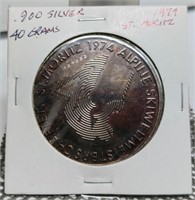 1974 ST MORITZ 40GRAM .900 SILVER COIN