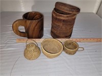 Wooden mug, wicker cylinder w/ mini-wicker baskets