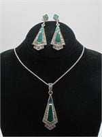 GREEN AGATE STERLING & MARCASITE 3 PC SET