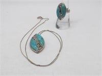 TURQUOISE STERLING CHAIN PENDANT & RING