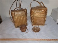 2 wicker backpacks and 2 mini baskets