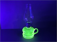 Amber Uranium Glass 12.5" Oil Lamp - Note
