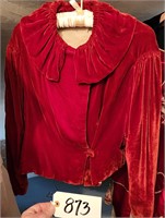 1800's Silk Velvet Jacket, Ruffle Neck, Draped Bac