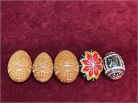 5 Hand Carved / Hand Painted Wood Eggs