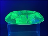 Etched Green Uranium Glass Rolled Console Bowl