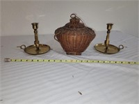 Basket and brass candlesticks