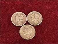 1929, 41 & 42 US Mercury Silver 10¢ Coins
