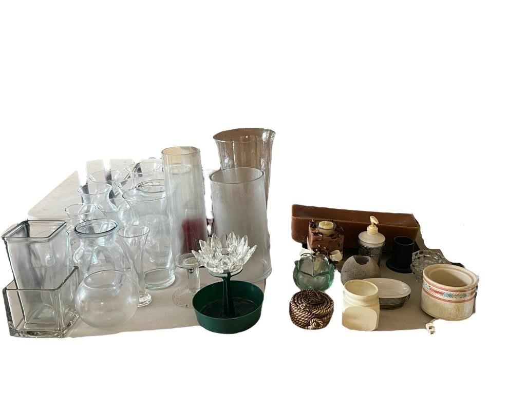 A Collection Of Glass Vases & Candle Holders
