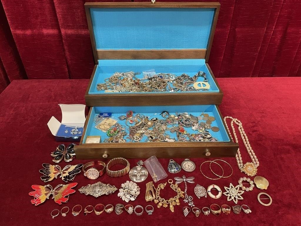 Large Wood Jewelry Chest w/ Contents