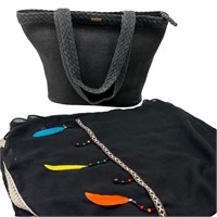 Eric Javits Tote Bag and Black Scarf with Feathers