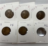 OF)Lot of 6 Wheat Pennies.1909 VF, 1910 VG, 1916-S