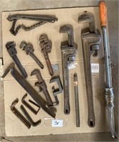 6+/- Pipe Wrench, C-Clamp, 2 Nail Bars,