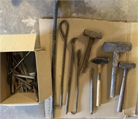 4 Ball Peen Hammers, Pry Bars, Box of Chisels