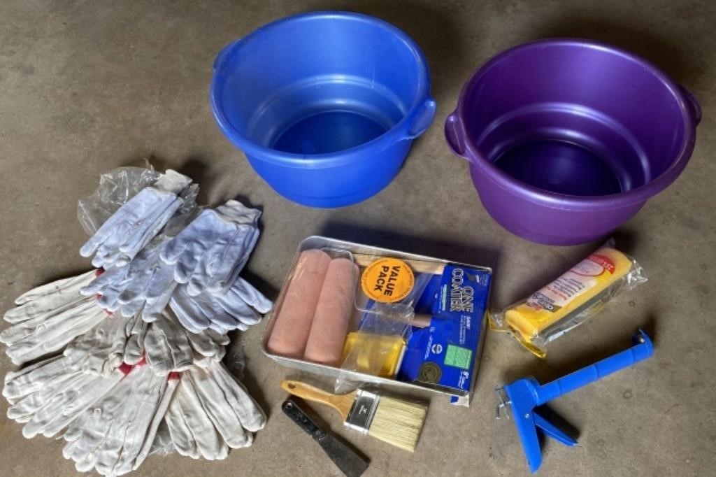 10+/- sets of gloves, 2 Tubs, Paint Supplies