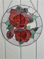 Hanging Red Rose Stained Glass Round Panel