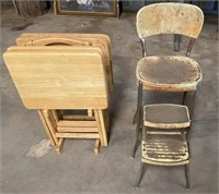 Vintage Stepstool Chair, 4 TV Trays w/ Stand
