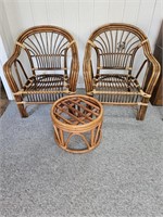 (3) Mid Century Rattan: 2- Chairs & 1- Table