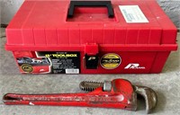 K - SMALL TOOLBOX WITH TOOLS,PIPE WRENCH ETC(G6)