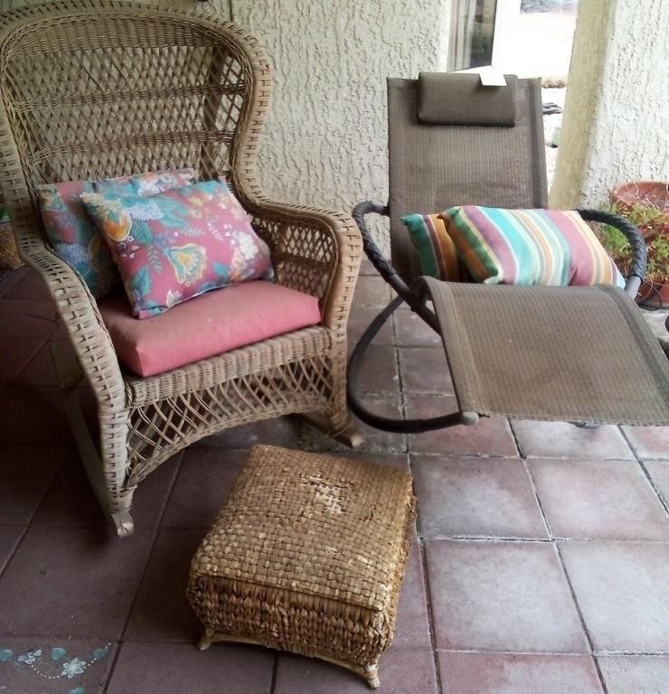 K - WOVEN PATIO CHAIR AND LOUNGE CHAIR W/ PILLOWS