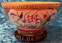 K - HAND PAINTED ASIAN BOWL WITH WOODEN STAND(L27)