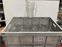 8 clear water pitchers w/folding crate