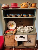 Antique Kitchen Cupboard, Tin Dishes, More