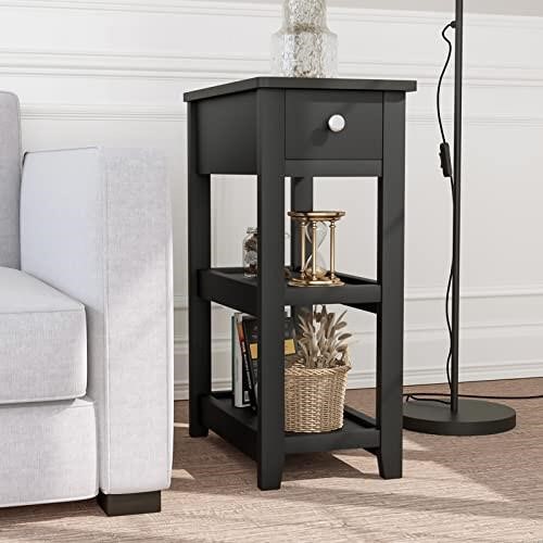 SEJOV End Table, 3-Tier Black Nightstand with Draw