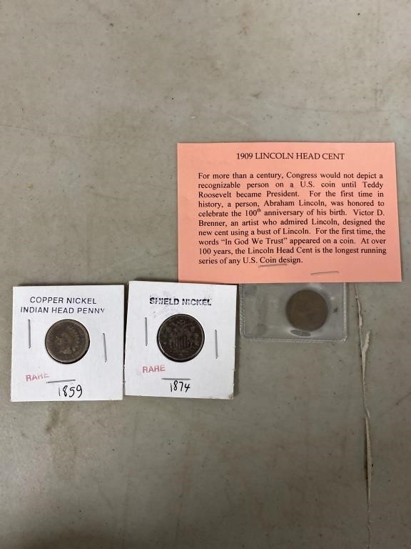 Copper, nickel, Indianhead penny, shield, n