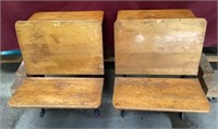 Pair Of Antique Cast Iron & Wood School Desk