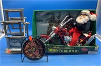 NIB Musical Riding Santa, Harley Davidson Clock &