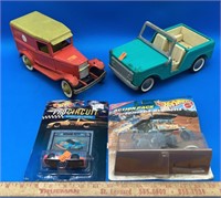 2 Vintage Metal Toy Cars and 2 NIB Hot Wheels